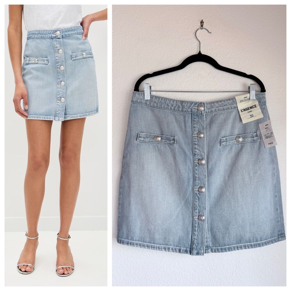 L'AGENCE Kris Button Front Denim Mini Skirt Fontana Light Blue NWT Size 30 $265